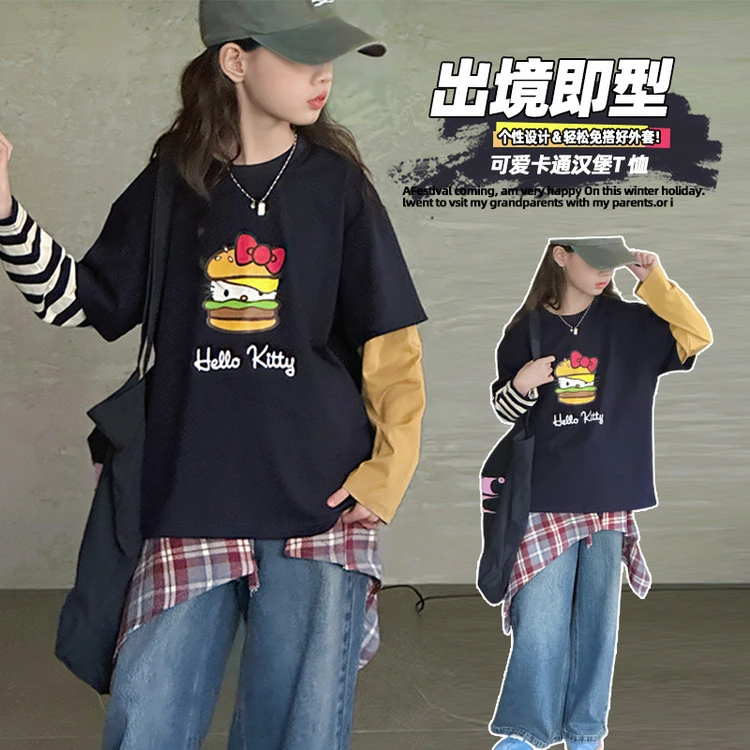 女童秋装卫衣2025新款汉堡T恤卫衣5-14岁小女孩个性小众宽松打底