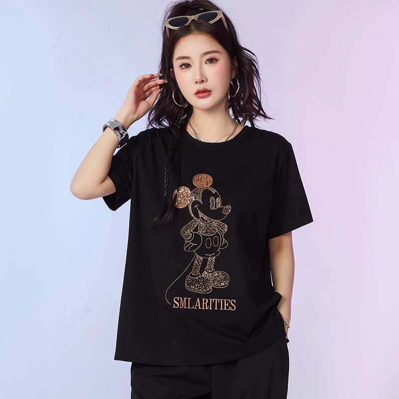 2025大码新款胖妹妹清爽简约绣花圆领米奇百搭t恤短袖纯棉休闲