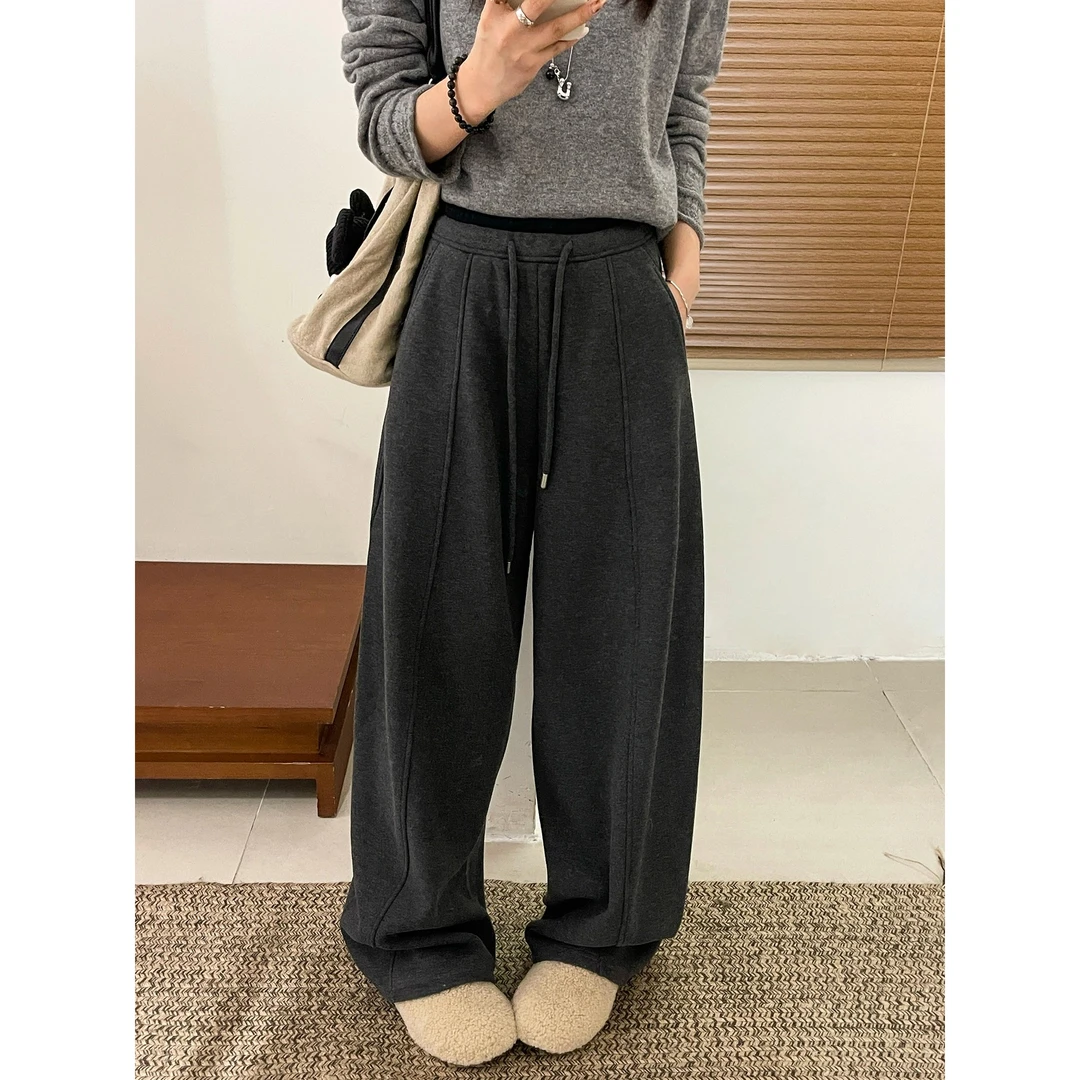 欧货加绒直筒裤女秋冬新抽绳松紧腰拼色加厚卫裤休闲月亮裤阔腿裤