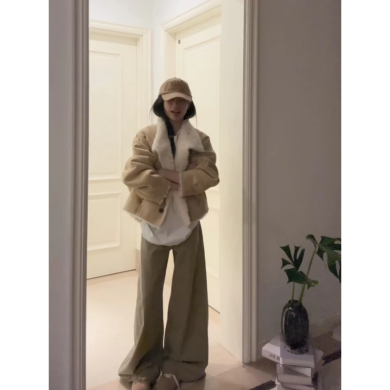 MARIE.COCO秋冬新款韩系皮毛一体加绒加厚外套简约上衣百搭休闲裤