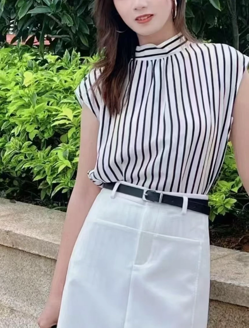 迪家同款气质显瘦条纹无袖衬衫Y366730