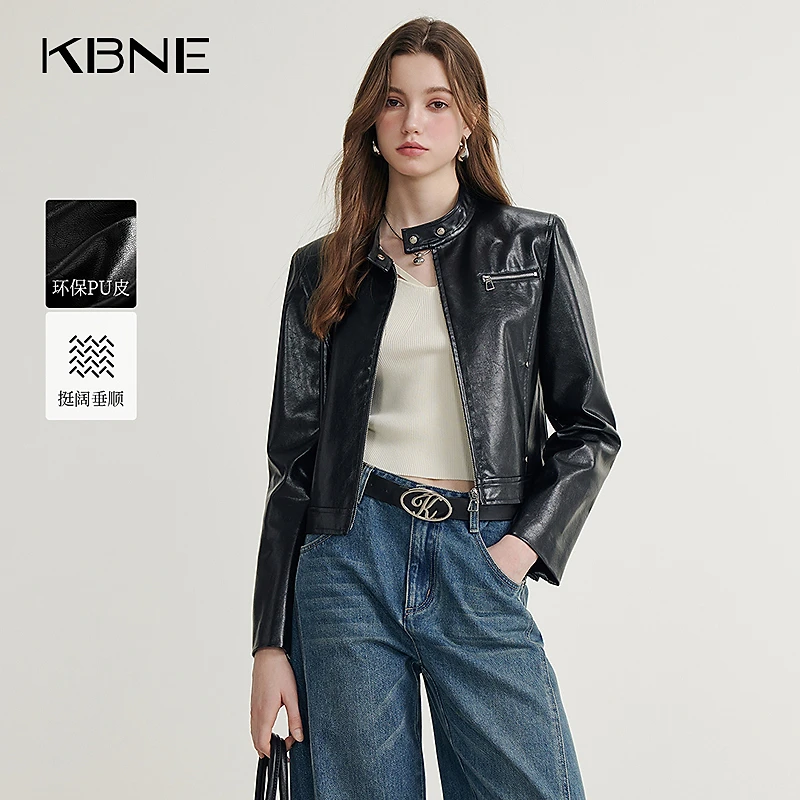 KBNE皮衣外套女小个子爆款2025春季新款洋气百搭立领短款黑色皮衣