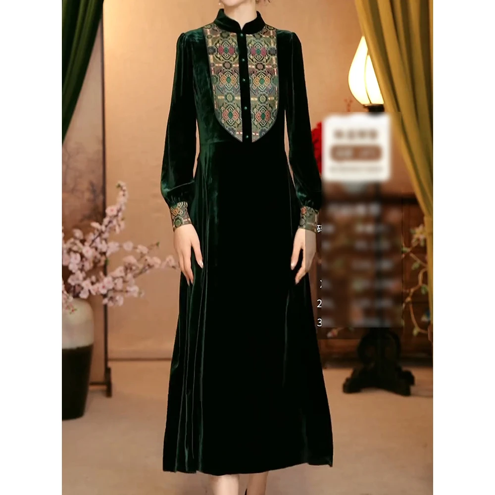 国风印花拼接立领丝绒连衣裙2025新高级时尚气质修身显瘦a字长裙