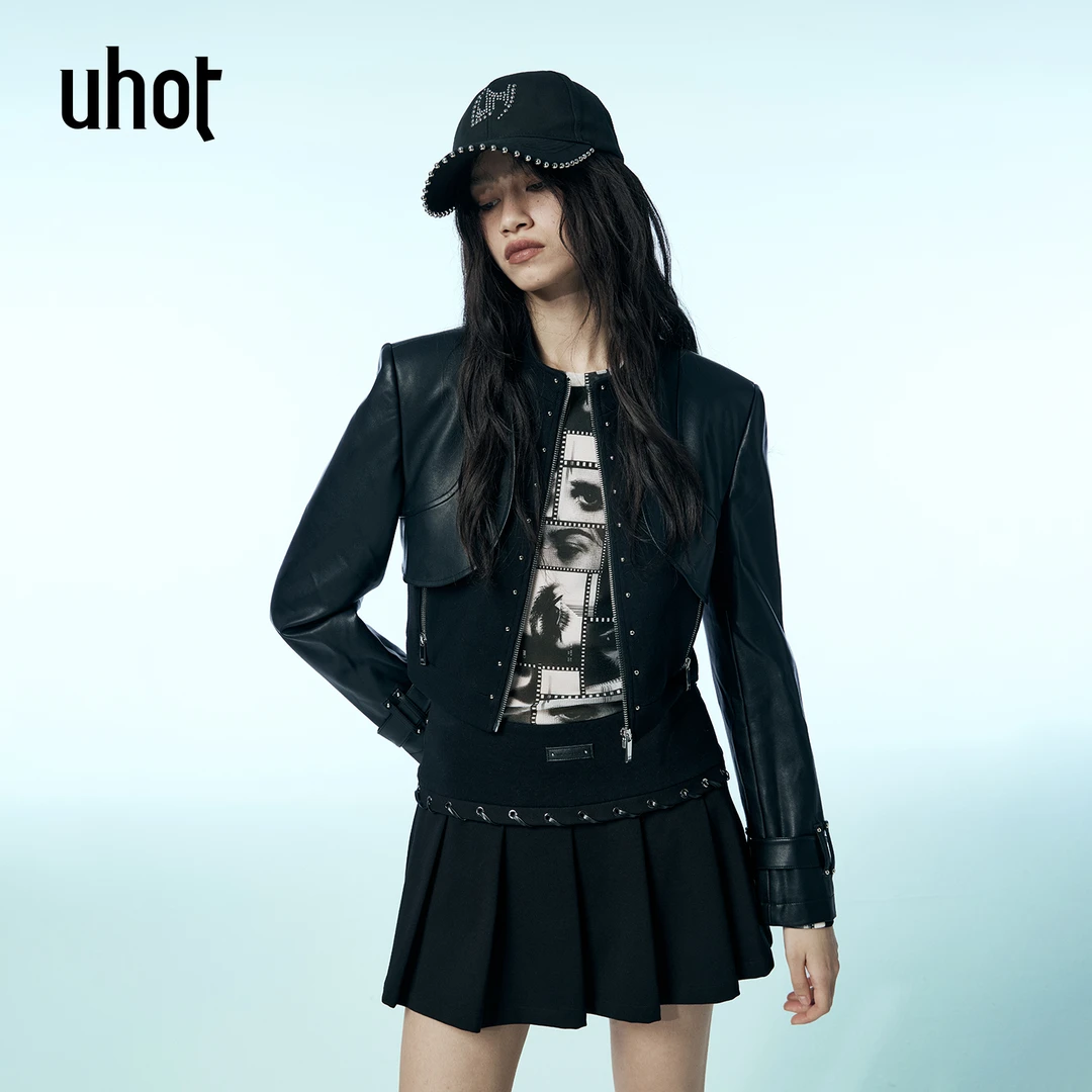 UHOT/诱货黑色拼接金属铆钉正肩秋季外套女酷飒摇滚精致UWWA3W010