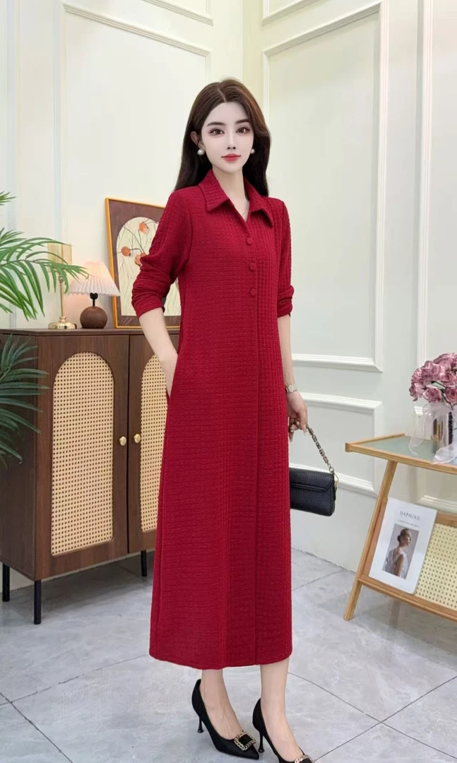 纯色翻领25603显瘦空气棉连衣裙秋新款遮肉中长款裙子