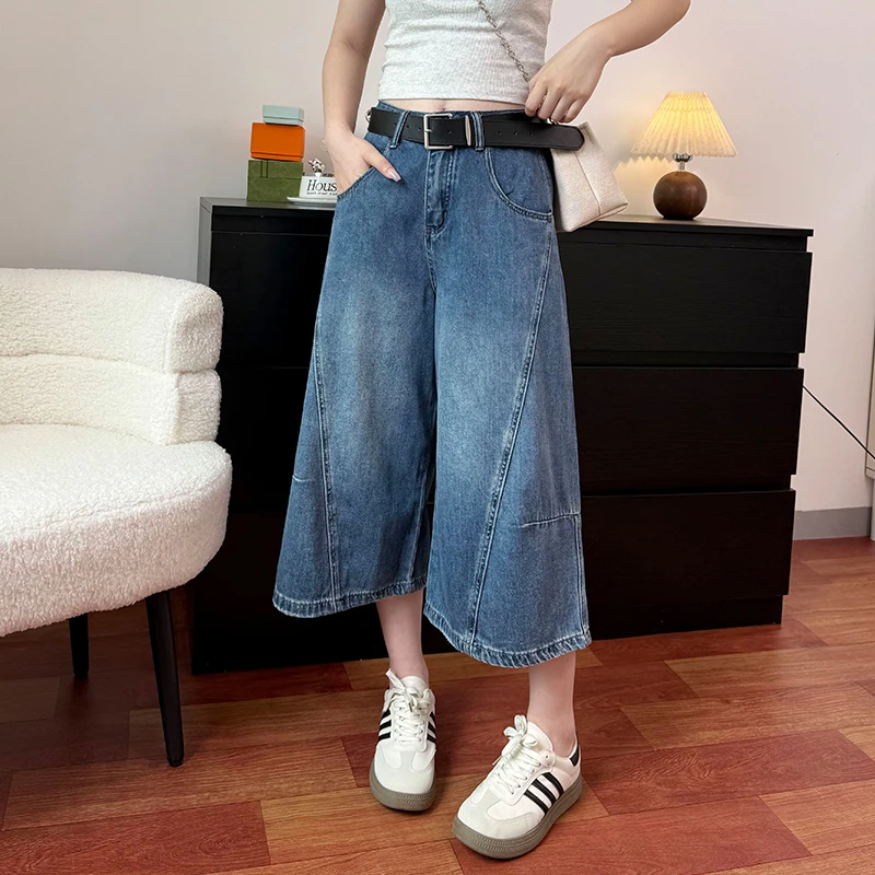 夏季时尚高腰阔腿侧圆弧压线薄款慵懒牛仔裤洋气七分裤裤子宽松显
