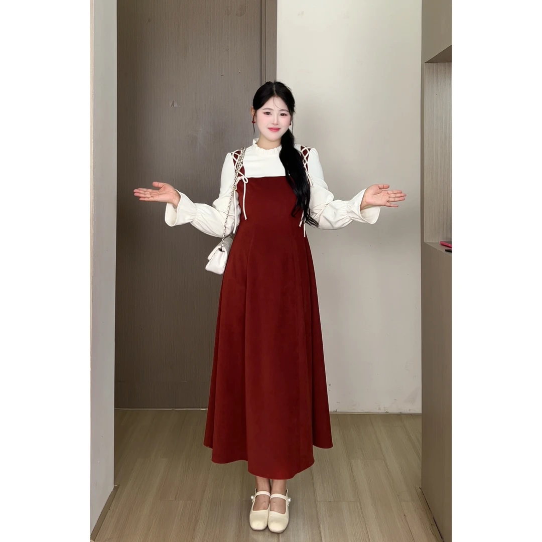 【云梦落】秋冬大码法式复古长袖毛呢假两件拼接连衣裙 DM35348