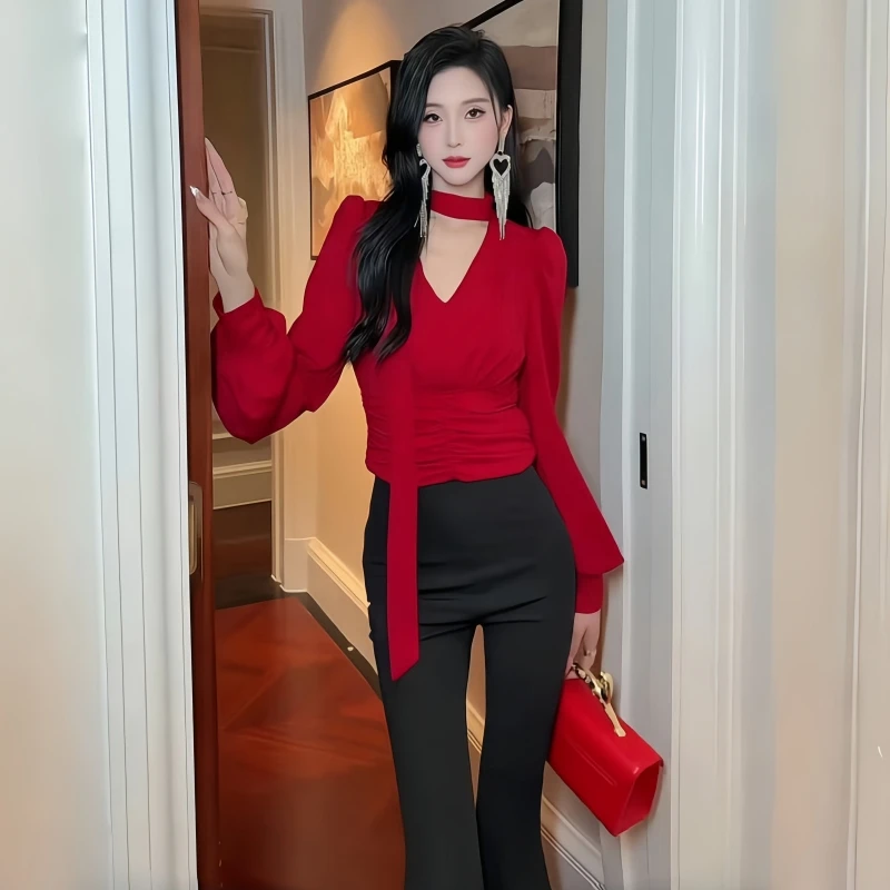 酒红色长袖打底衫高腰开叉腰带休闲裤洋气时尚春夏秋阔腿女装上衣