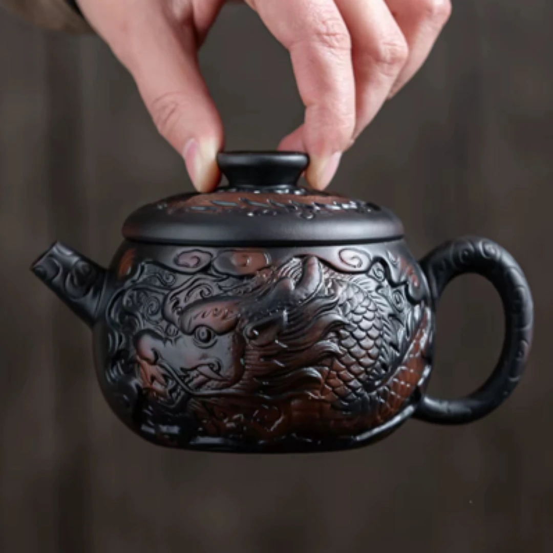 紫陶凤鸣壶纯手工新款可提茶壶家用泡茶壶高档茶具套装龙凤呈祥