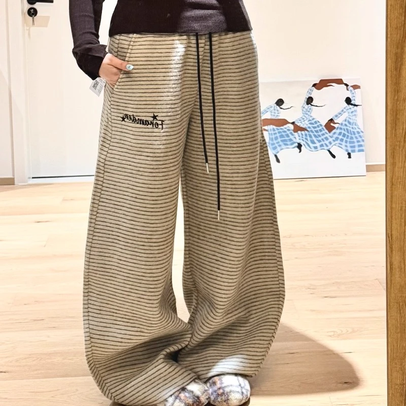 美式慵懒宽松垂感条纹卫裤女秋冬加厚百搭休闲运动爵士舞拖地长裤