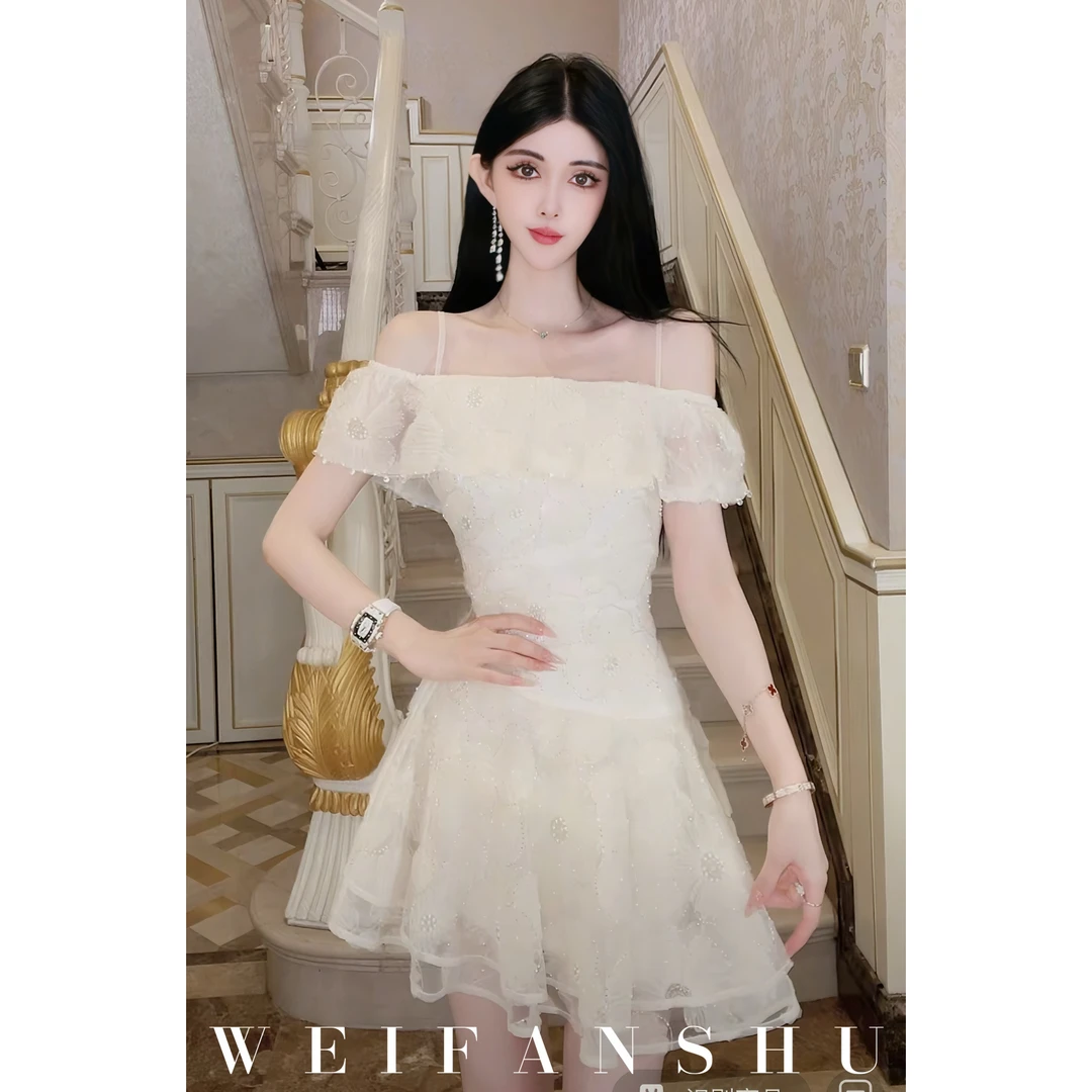 WEIFANSHU/魏凡舒【甜蜜邂逅】夏季新款甜美收腰显瘦一字肩连衣裙