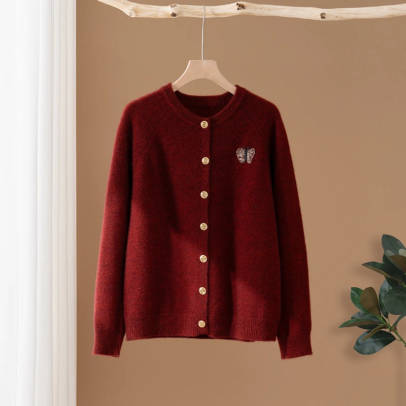 加厚花纱100%纯山羊绒衫女圆领针织开衫宽松显瘦毛衣外套打底衫