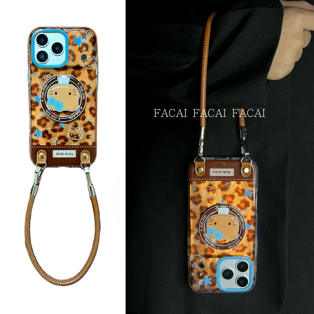 复古棕豹纹蓝星星kt猫磁吸适用iPhone17pro手机壳苹果16pro手提15