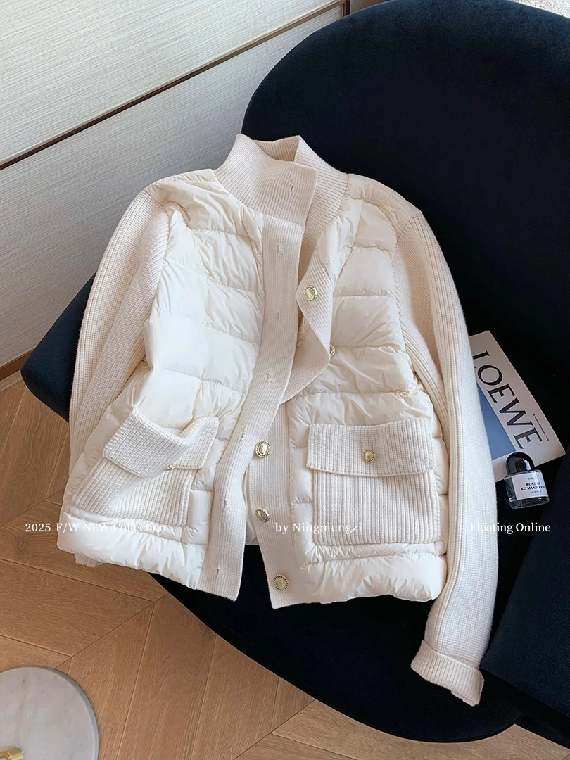秋冬2025新款小香风白色针织拼接金扣设计感轻薄保暖气质外套上衣