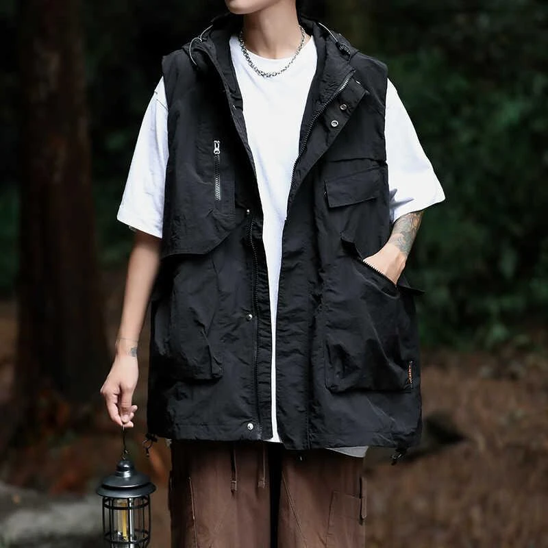 迪觅思日系机能工装无袖马甲男生夏季多口袋背心户外战术薄款连帽