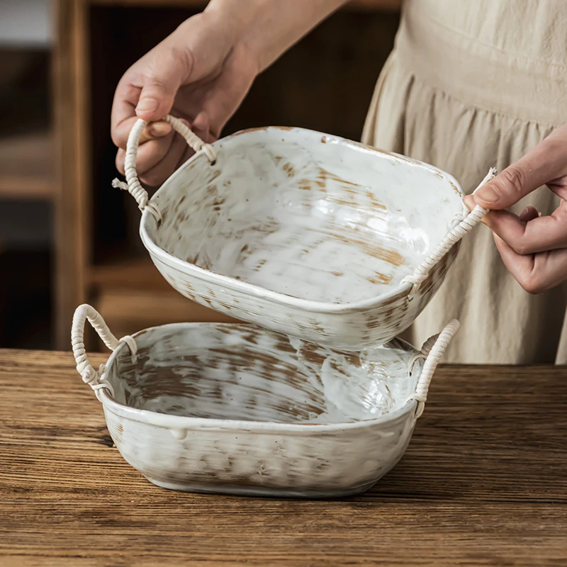 侘寂粗陶双耳碗方形碗手提果盘粗陶方碗餐具日式复古编绳盘子餐具