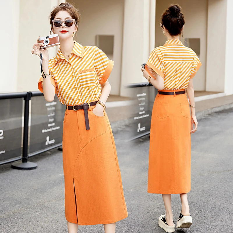 高级感职业套装夏季洋气减龄气质条纹衬衫显瘦牛仔半身裙两件套女