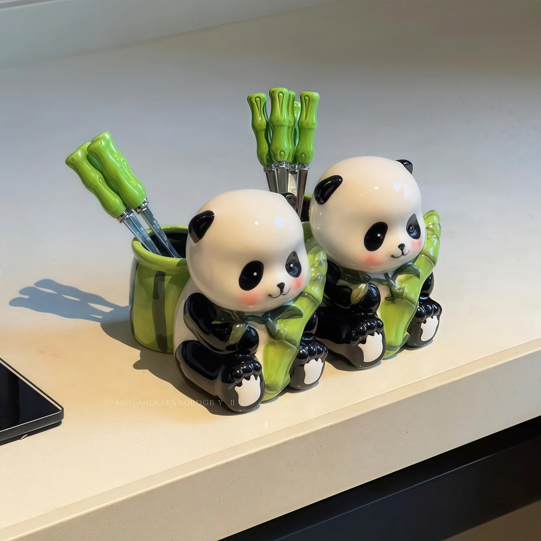 熊猫水果叉不锈钢轻奢高级感陶瓷收纳罐果叉套装甜品叉子食品级