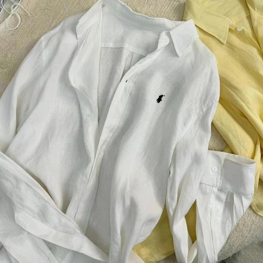 网红白色小刺绣polo领长袖衬衫女2025夏季新款设计感休闲防晒衬衣