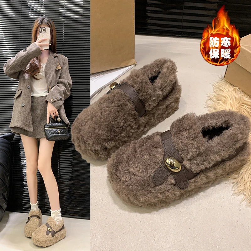 新款软底厚底防滑毛毛鞋复古港风小金豆秋冬潮流棉鞋纯色百搭秋冬