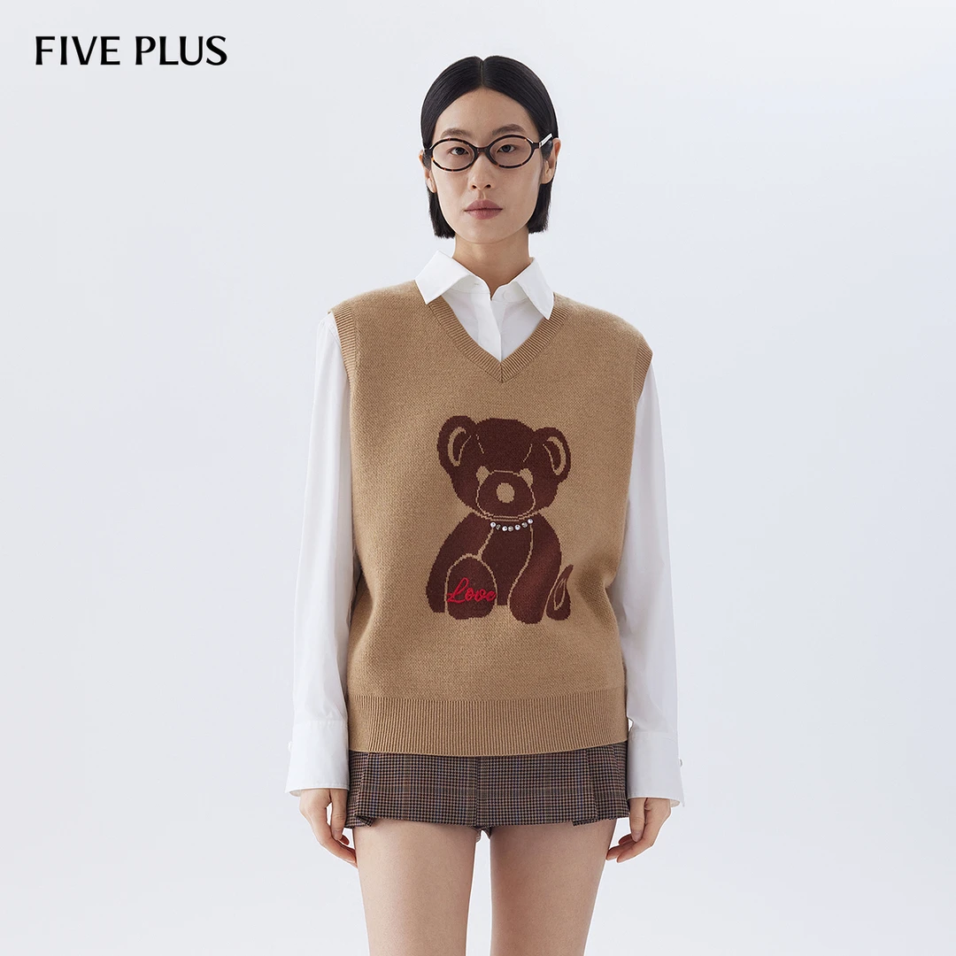 FIVE PLUS秋装羊毛针织衫女V领马甲套头衫布朗尼通勤风2LN3035300