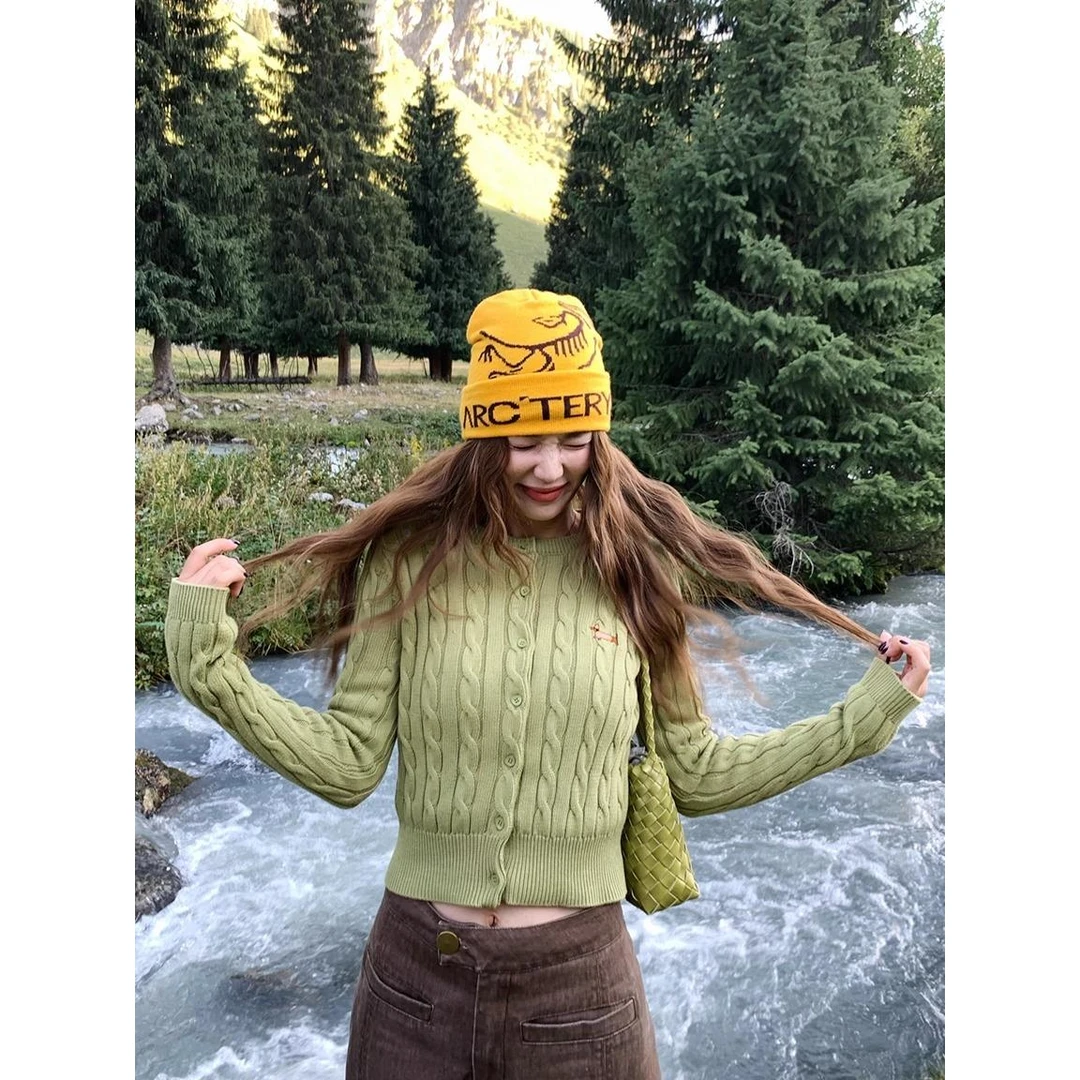 活力腊肠puppy/经典老钱绞花刺绣毛衣针织小开衫女早秋麻花短外套