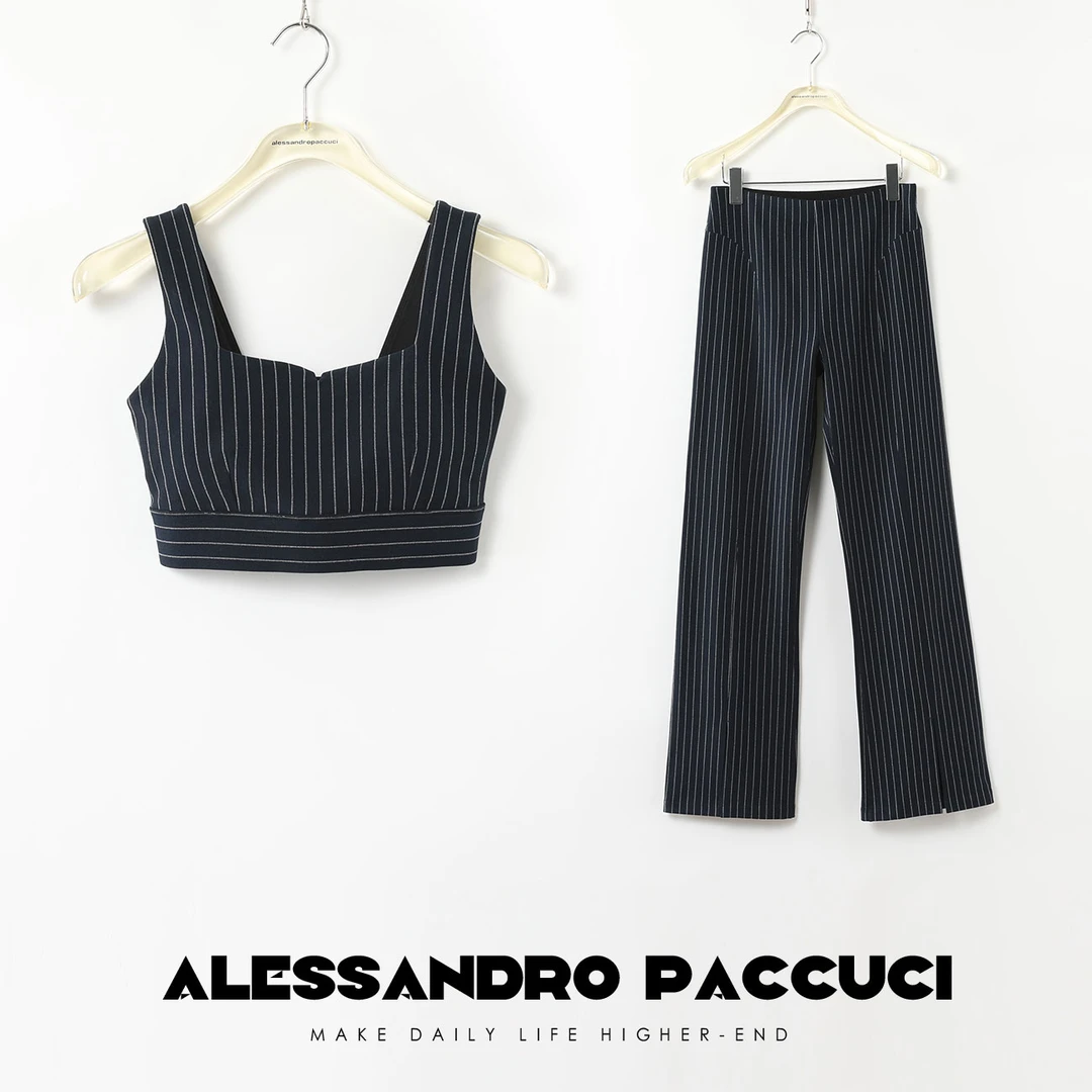 AP洛哥25972X【夏日蓝海】法式条纹时尚高腰喇叭裤/方领带胸垫上衣