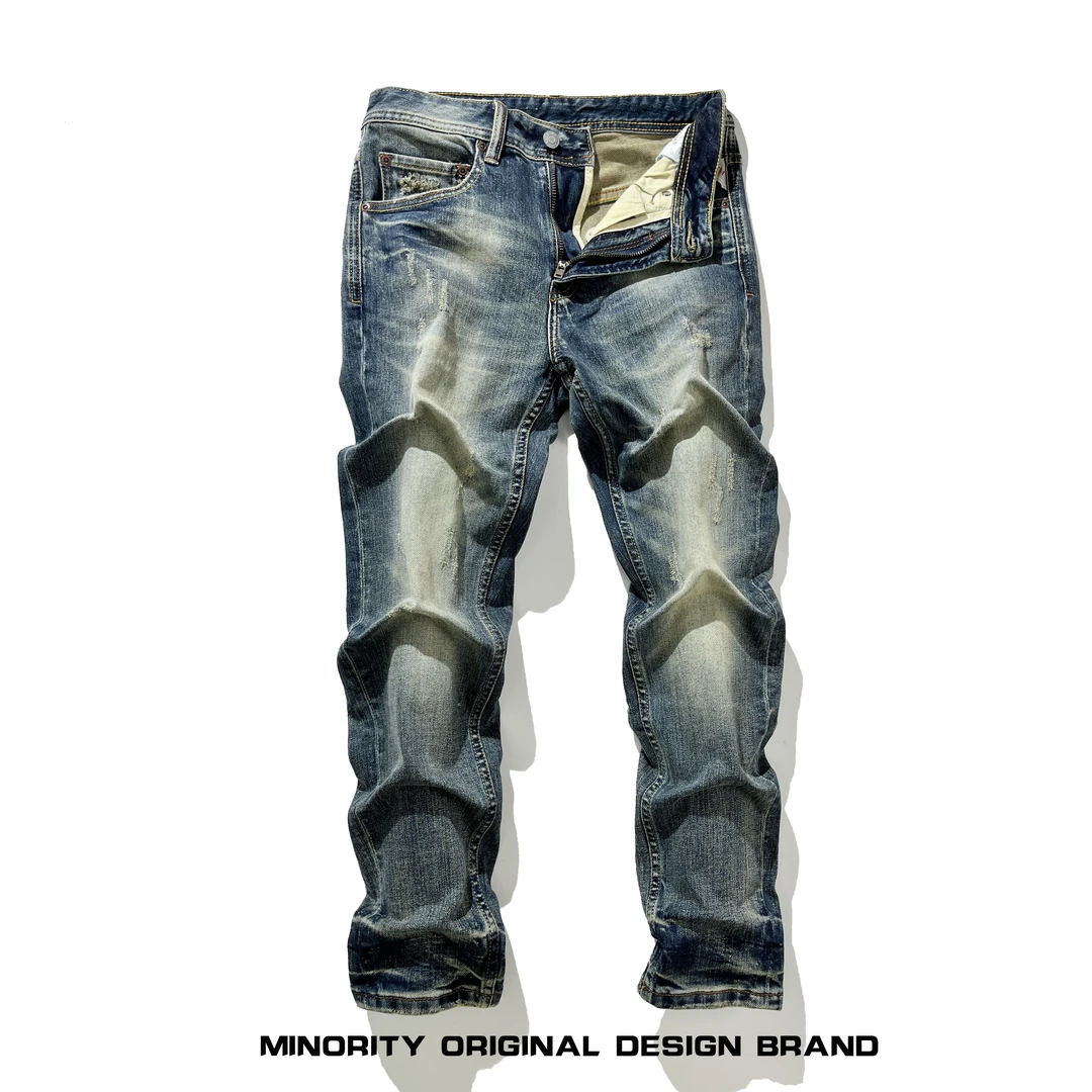 美式潮牌重工洗水高端怀旧复古牛仔裤男修身小脚收口长裤子男