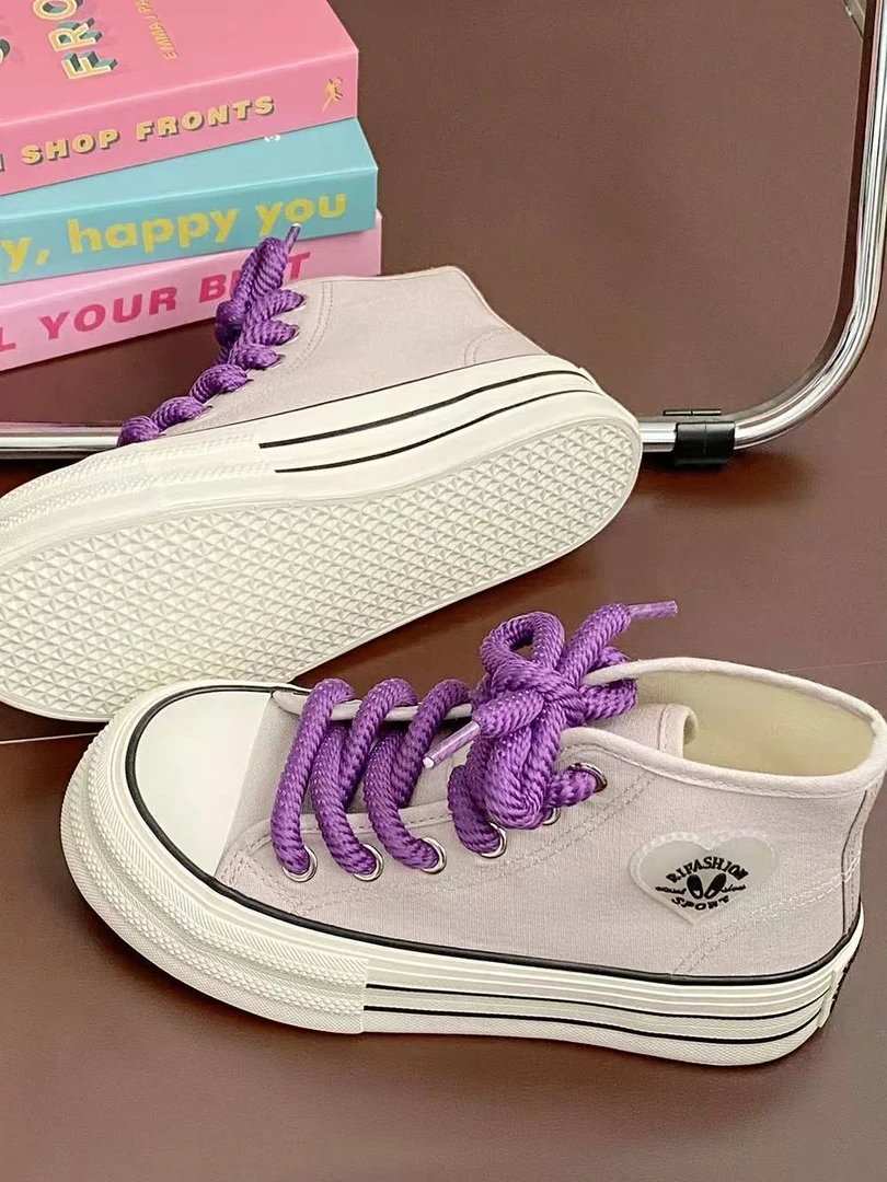 W-8637 浅紫 多巴胺厚底高帮帆布鞋女2025夏季新款百搭复古板鞋