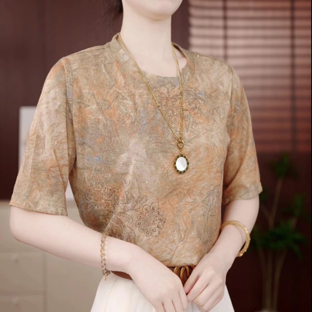 22267新款女士圆领印花休闲百搭中袖上衣