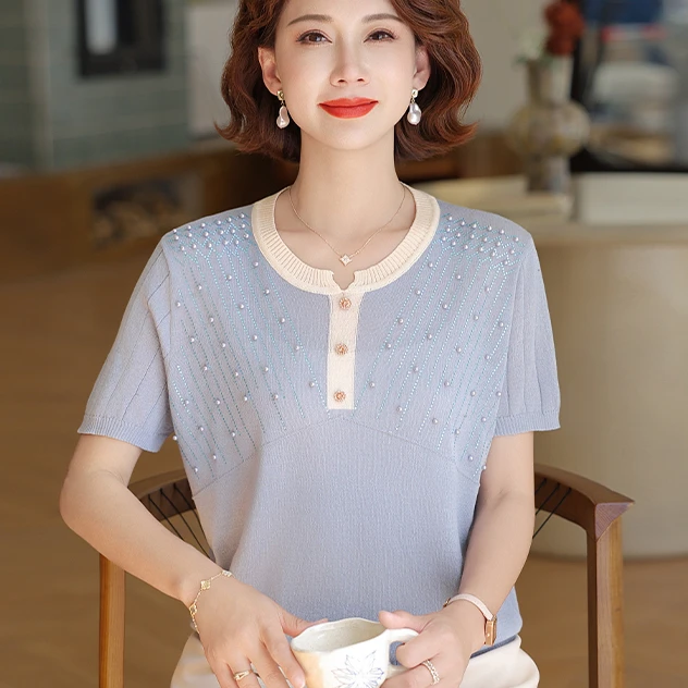 妈妈夏装冰丝上衣2025新款40-50岁中老年人女装短袖t恤衫洋气小衫