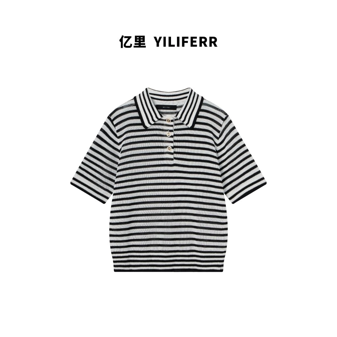 【YILI显瘦女装】时尚黑白条纹polo短袖针织衫 Y0878