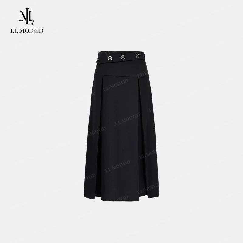 绘墨春 黑色气质高腰显瘦半身裙春季高级垂坠感A字裙摆YL-260356