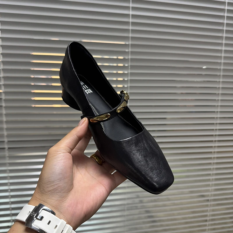 3cm/羊皮/真皮粗跟单鞋女方式复古一字带小方头浅口中跟瓢鞋女40