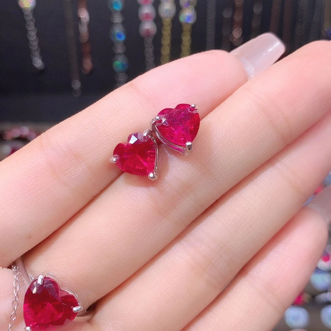 耳饰银S925镶嵌红宝石白8