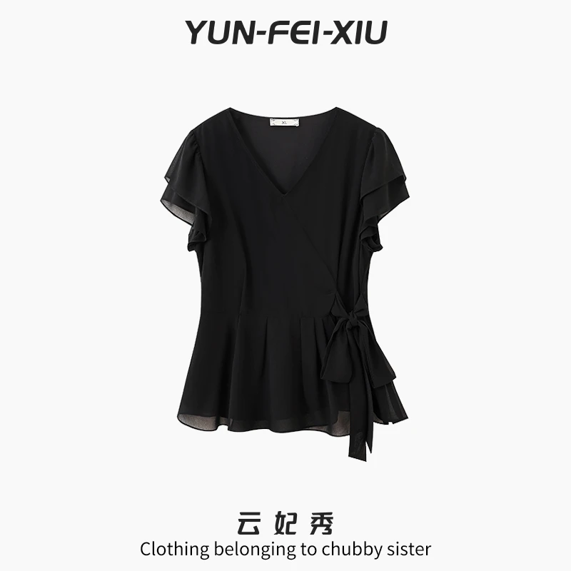 云妃秀大码女装雪纺衫时尚休闲宽松显瘦遮肉气质百搭上衣夏22287