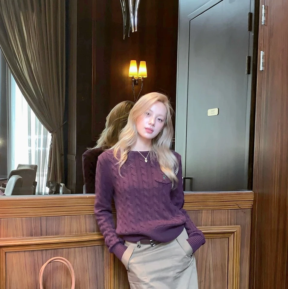 黛丽恋曲 紫色圆领修身针织衫女2025初秋新款长袖毛衣上衣C 9290