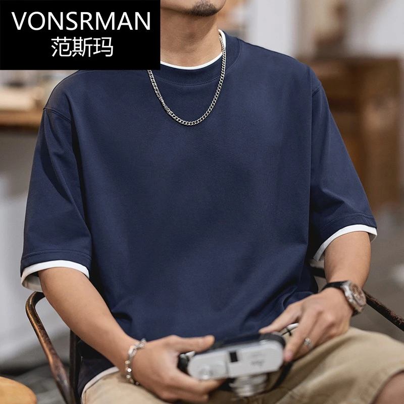 拼接假两件短袖T恤男士2025新款夏季宽松圆领百搭潮流美式体恤衫