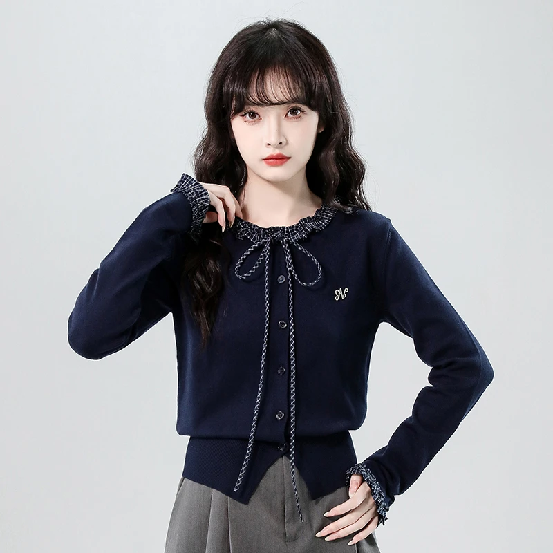 深蓝色荷叶边拼接毛衣针织开衫女秋冬季穿搭设计感内搭上衣洋气潮