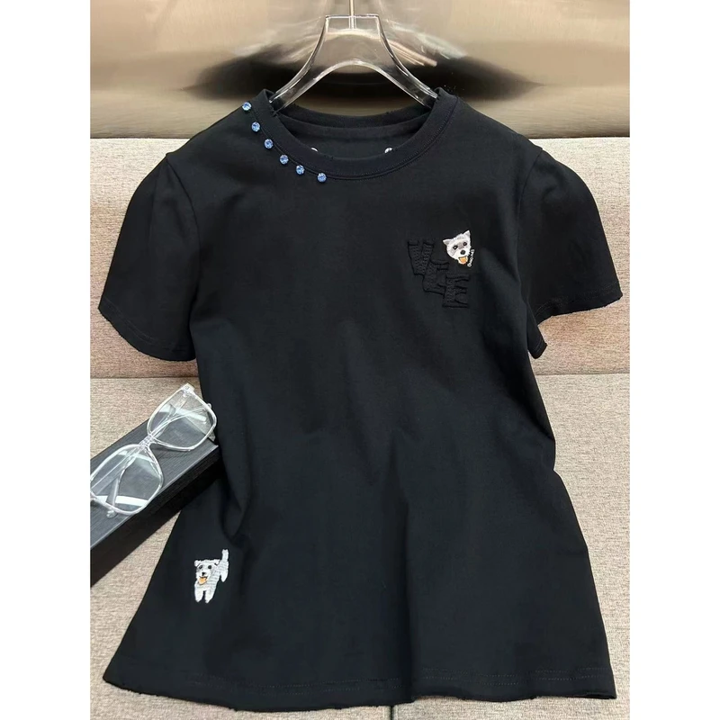 M1489百搭刺绣小狗图案设计圆领短袖T恤 衣长62 款号GG50088