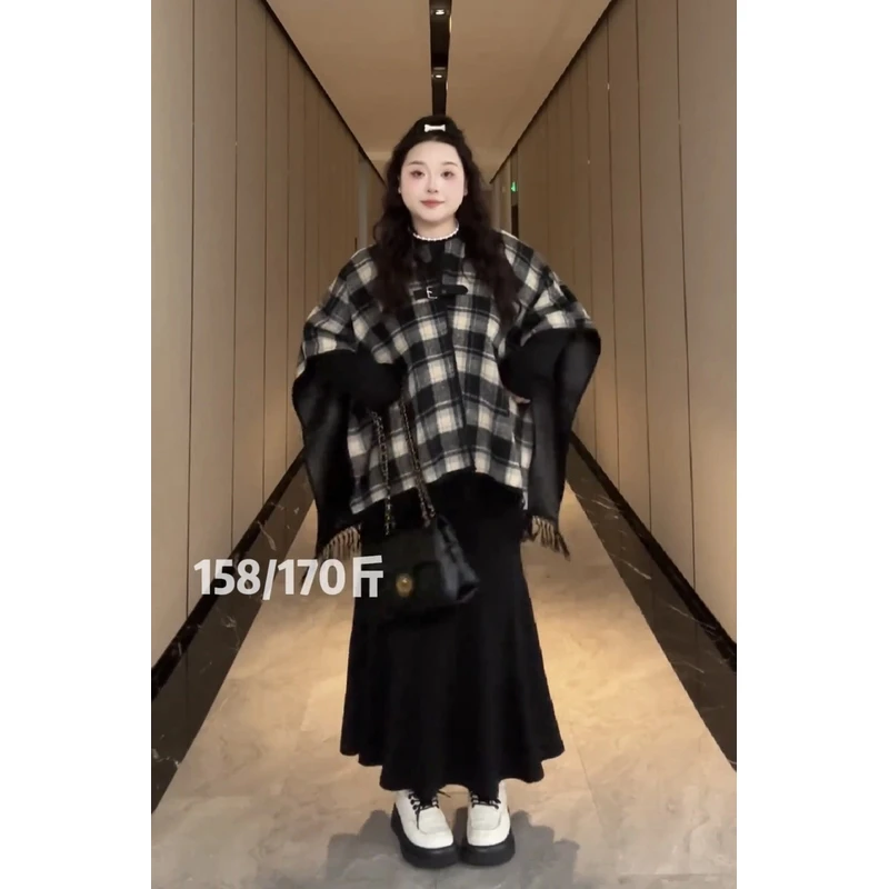 大码复古格子针织披肩斗篷连衣裙秋冬套装1535#