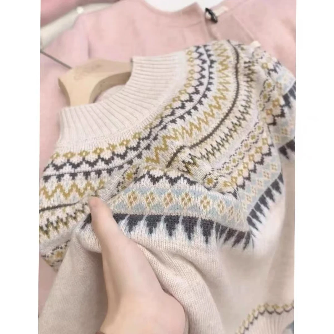 北欧费尔岛毛衣提花女冬季半高领加厚针织衫套头