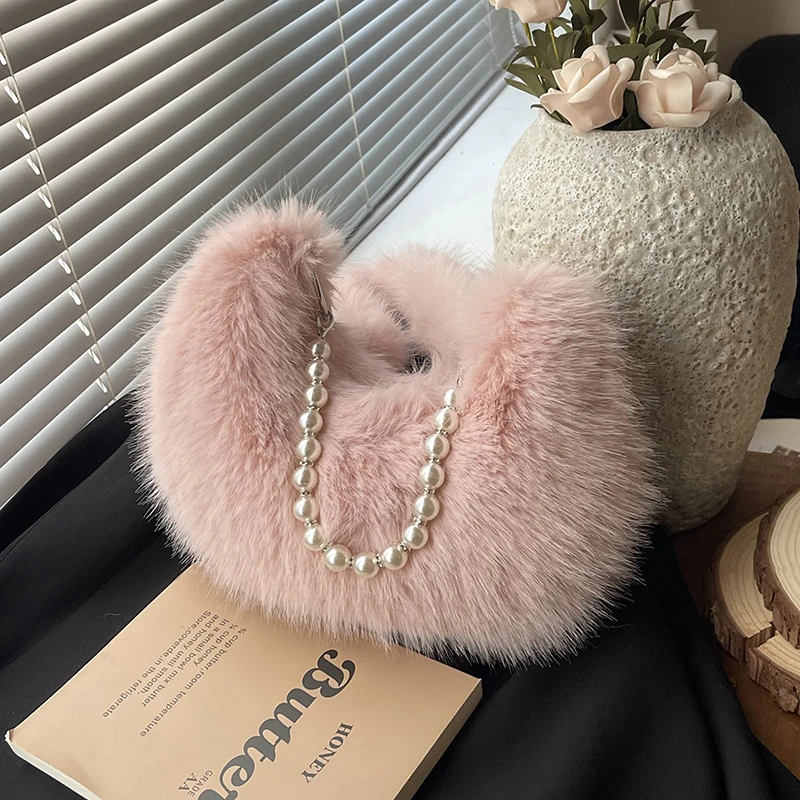 秋冬季毛毛包包女2025新款潮时尚珍珠手提毛绒包毛茸茸斜挎通勤包