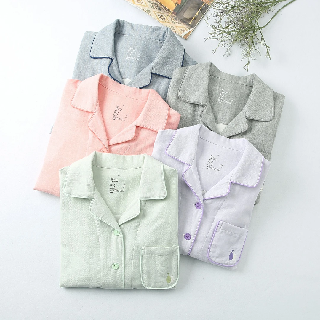 【午后茶】全棉双层纱短袖长裤睡衣套装轻奢刺绣家居服情侣透气吸汗