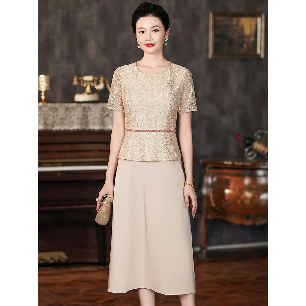 2025夏装新款杏色优雅大气婚宴妈妈装礼服长款假两件蕾丝连衣裙女