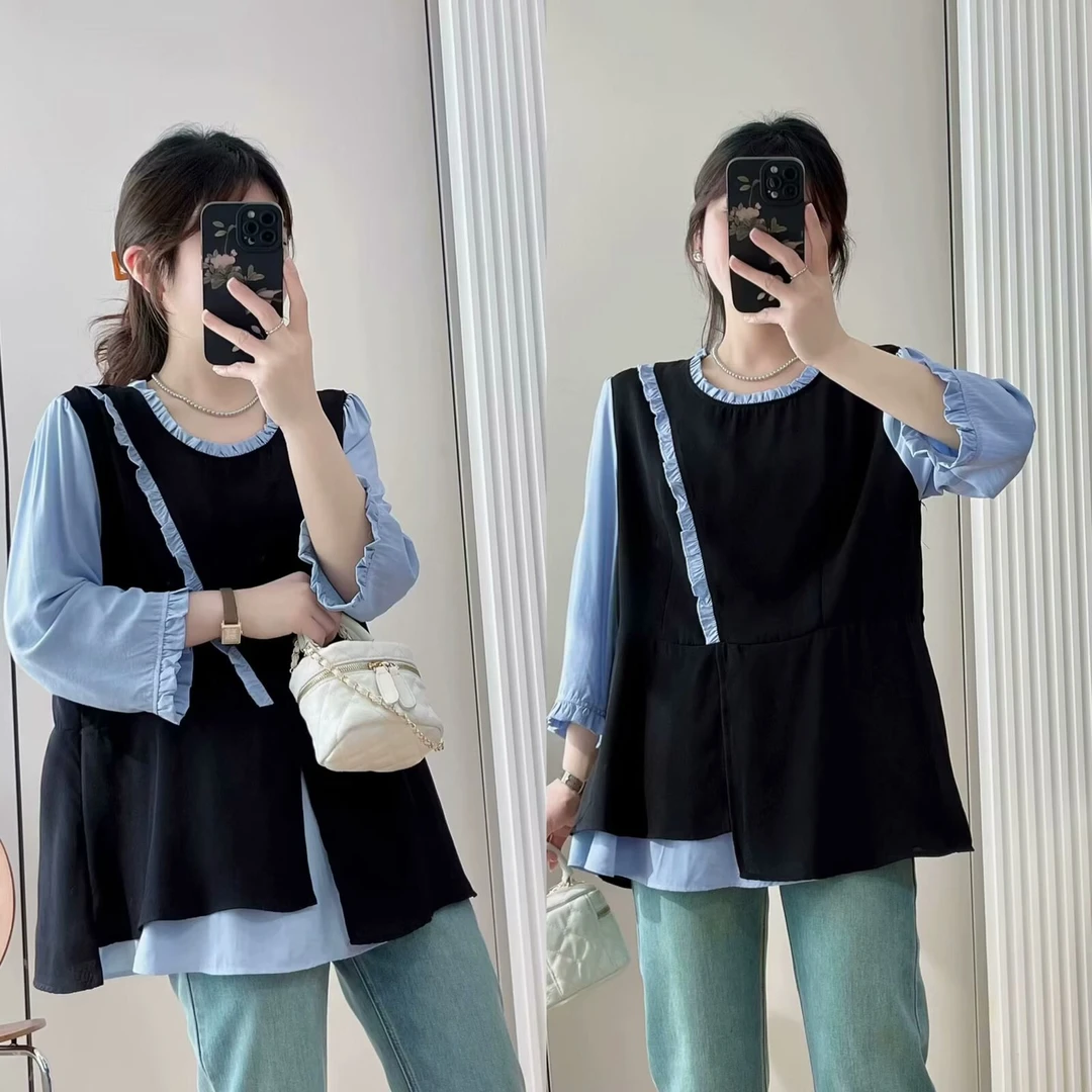 大码胖mm洋气假两件木耳边拼接衬衫女早秋减龄七分袖显瘦衬衣8958