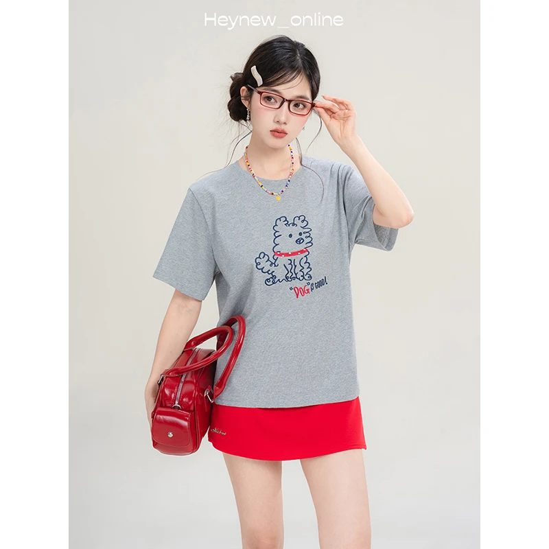 LOVEHEYNEW白色刺绣小狗正肩短袖T恤夏日新款宽松慵懒风上衣5x253