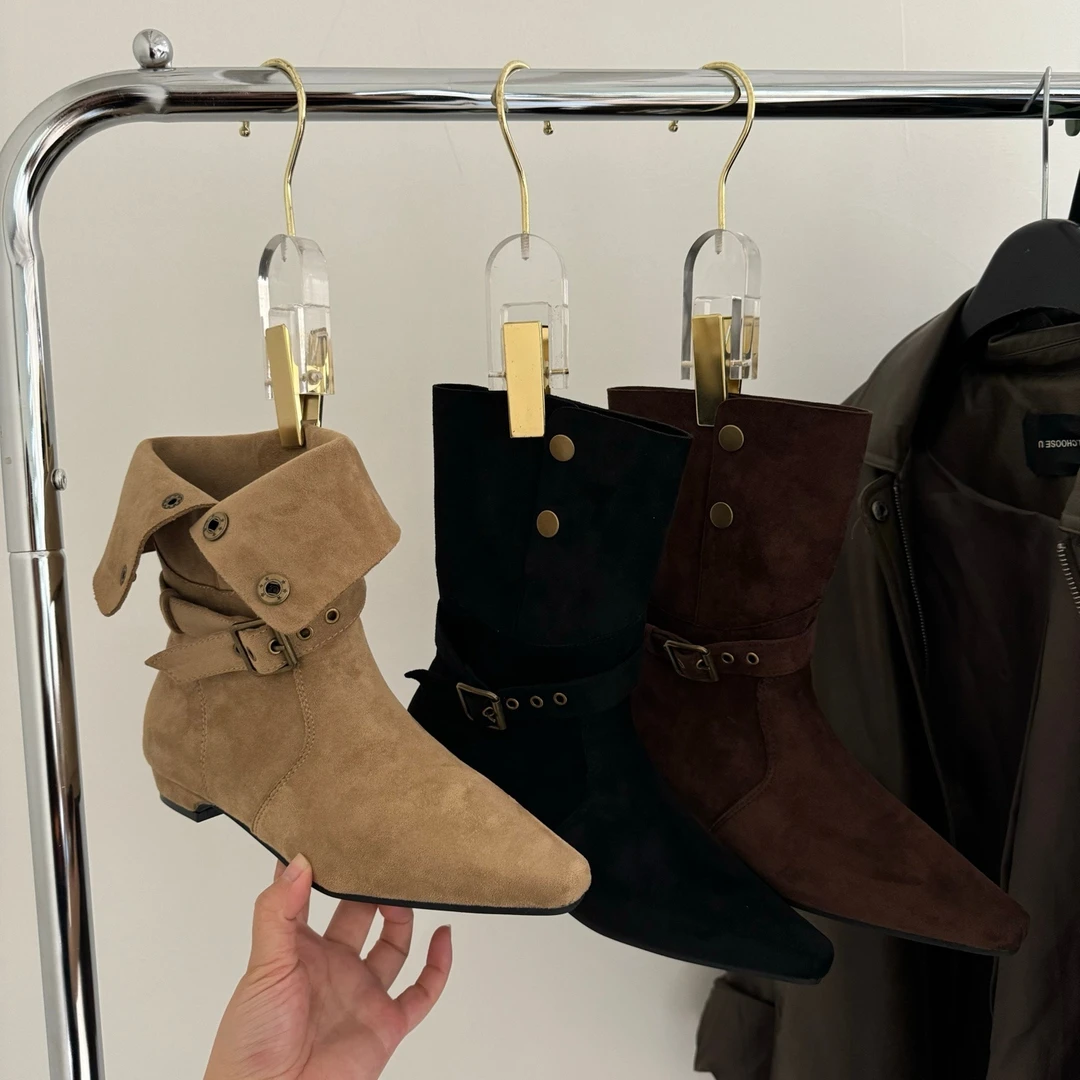 粗跟绒面中筒靴女靴子2025秋冬季复古西部牛仔靴配裙子瘦瘦靴短靴