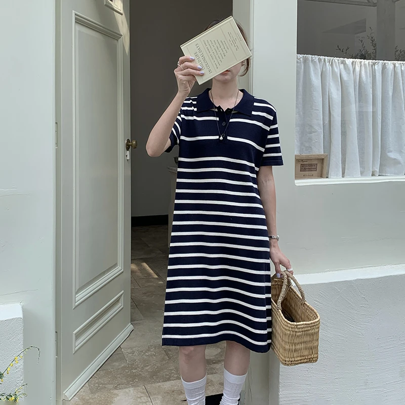 夏季新款100%纯棉针织短袖裙女polo领拼色条纹裙子中长款打底上衣