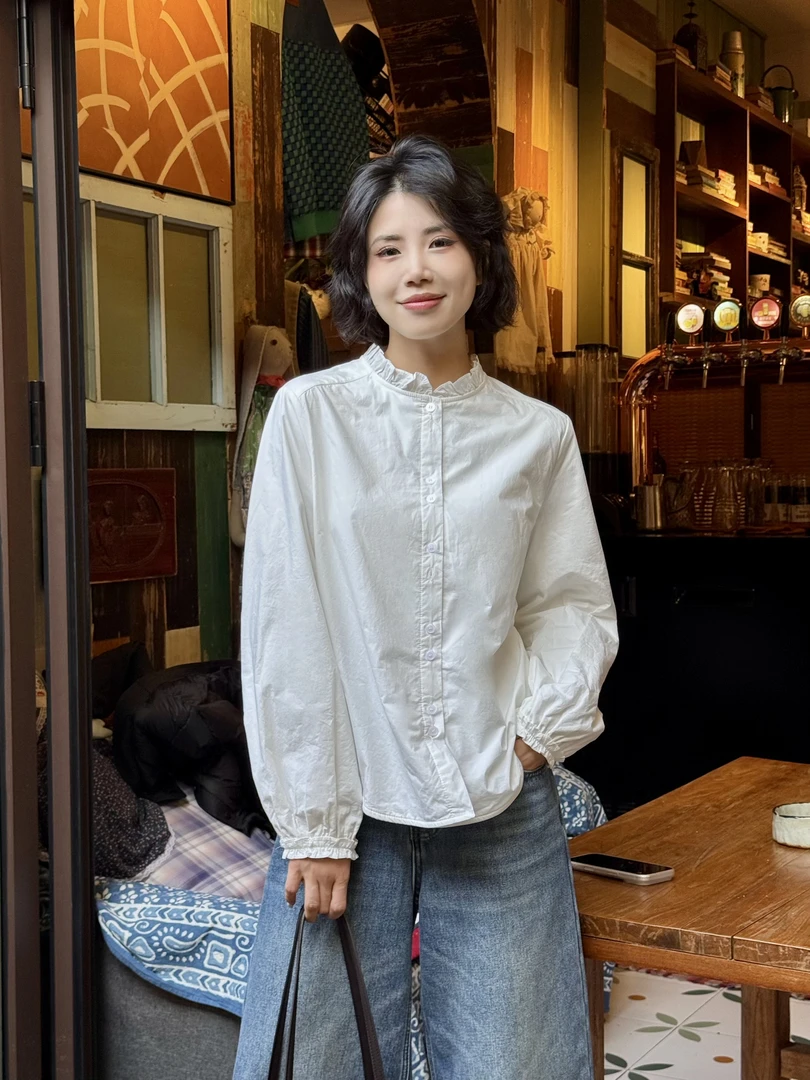 【月光】冬季新款加绒加厚木耳边长袖休闲衬衫极简风衬衣